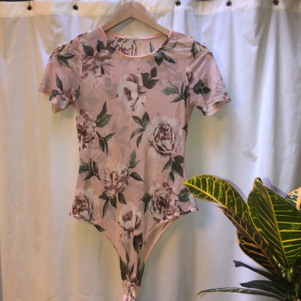 pink floral mesh body suit